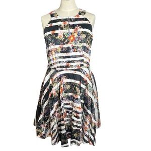 Closet Floral Striped Sleeveless Dress – Black & White with Vibrant Florals